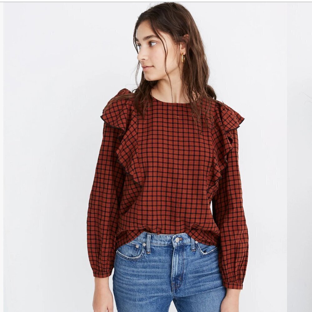 Madewell Ruffle-Front Top in Plaid Orange Red & Black Size Medium Cotton